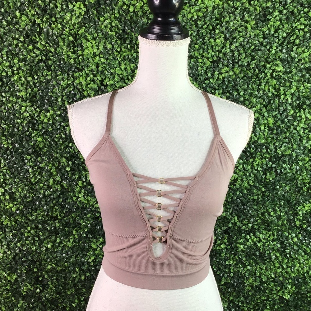 Tan nude criss cross deep v bralette crop top NWT